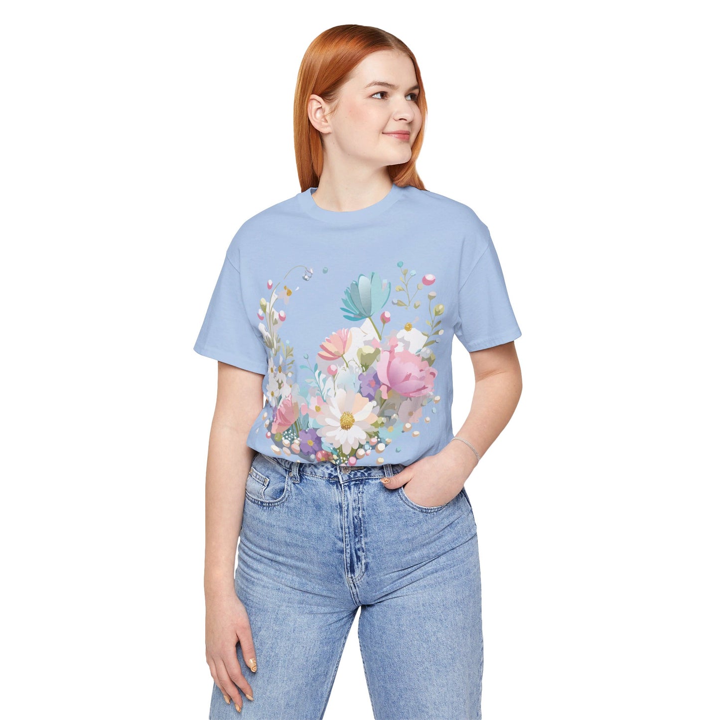 Natural Cotton Tee Shirt with Flowers