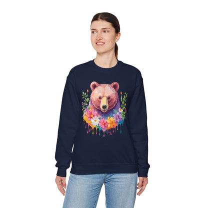 Unisex Floral Bear Sweatshirt Art Design Animals Sweatshirt Cozy Cotton Blend