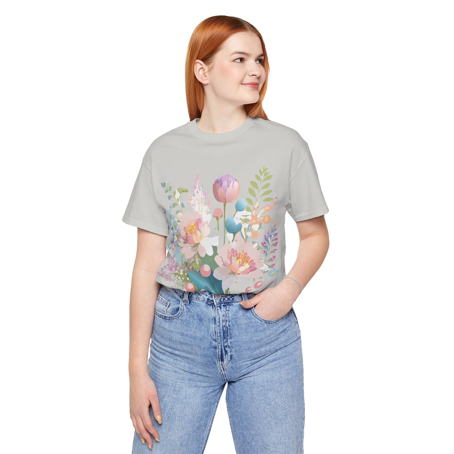 Natural Cotton Tee Shirt with Flowers