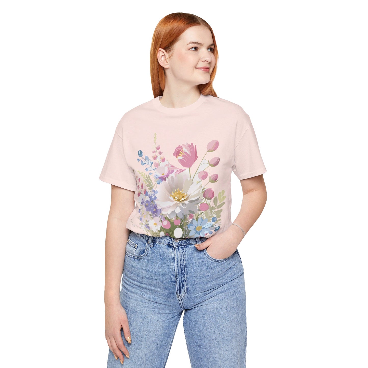 Natural Cotton Tee Shirt with Flowers