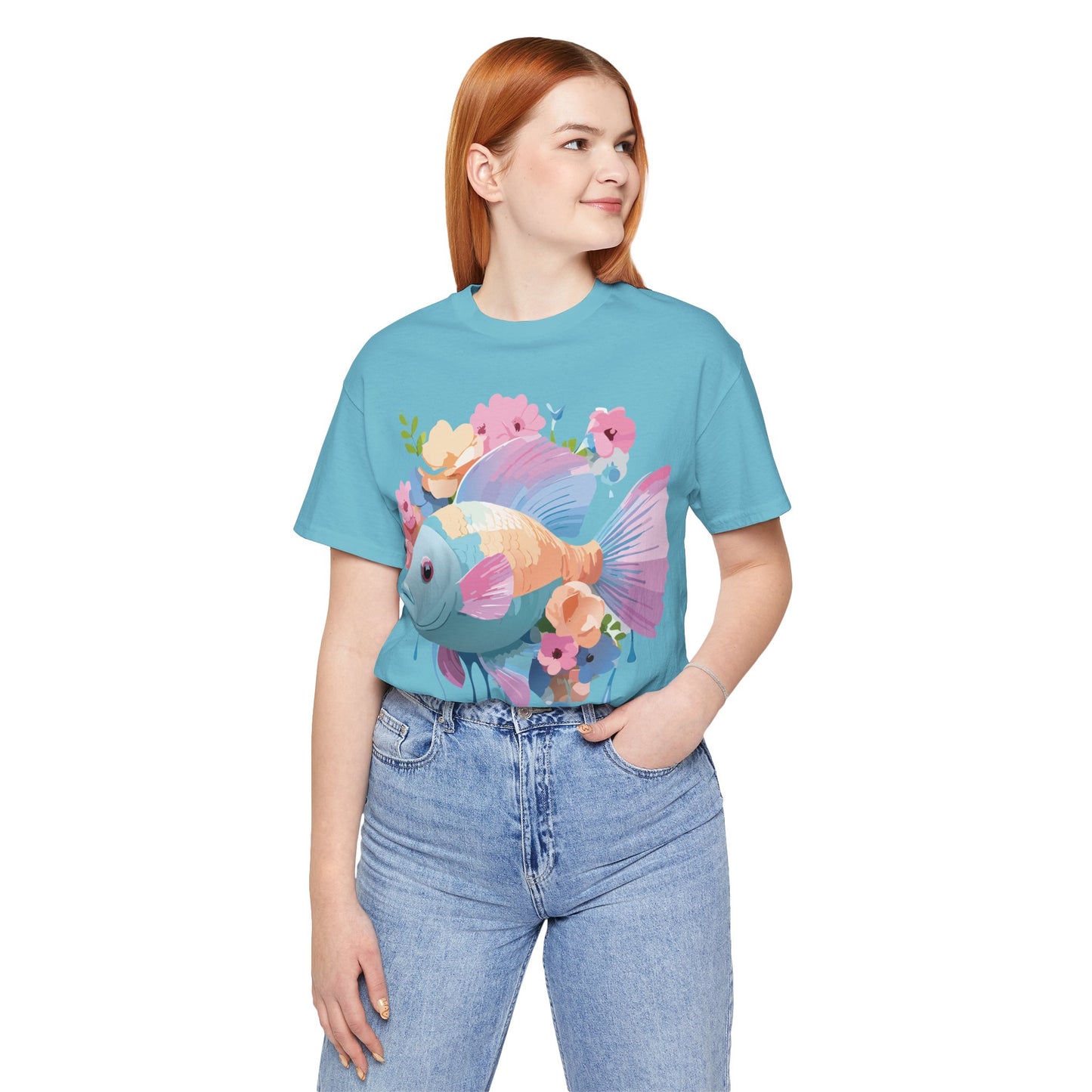 Natural Cotton Tee Shirt with Fish