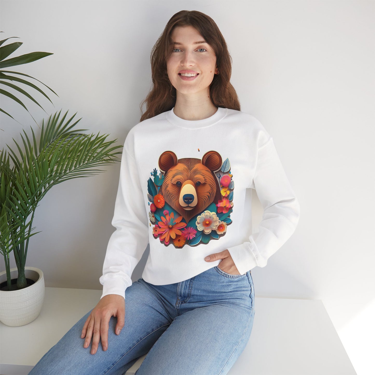 Unisex Floral Bear Sweatshirt, Animals Sweatshirt, Floral Sweatshirt, Art Design Sweatshirt