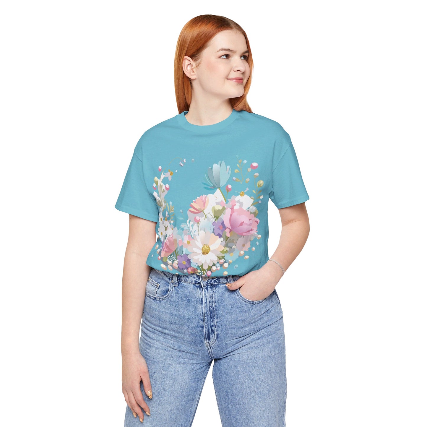 Natural Cotton Tee Shirt with Flowers