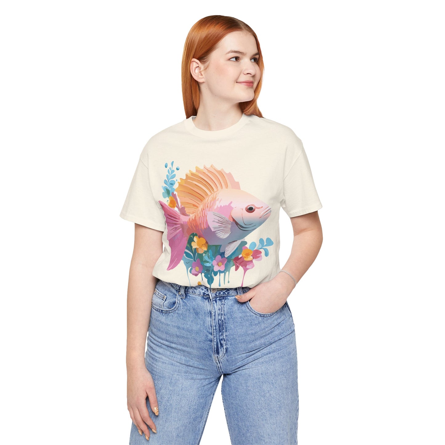 Natural Cotton Tee Shirt with Fish