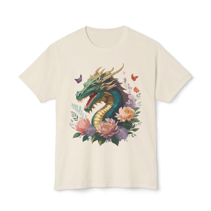 Dragon Art Design Unisex Cotton Tee With Floral Print Artwork And Dragon Graphic