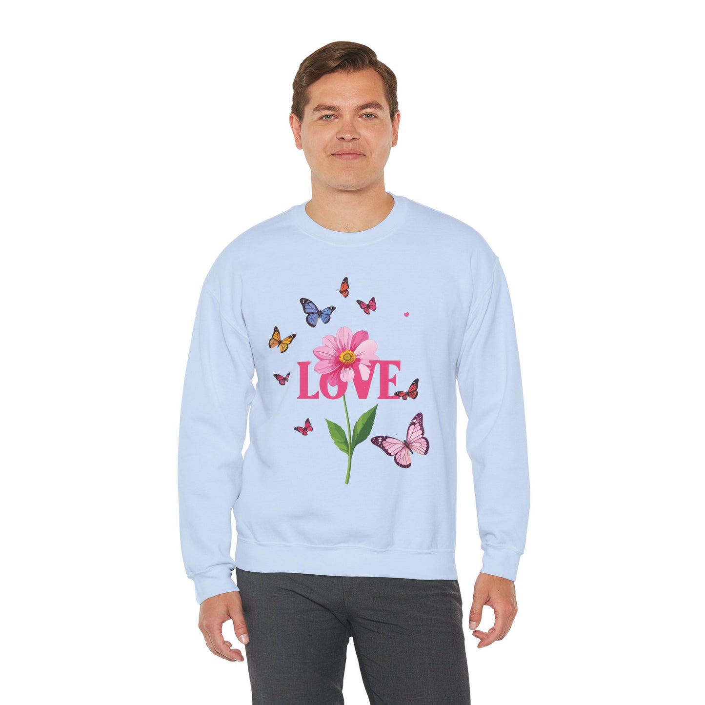 Unisex Floral Love Sweatshirt Valentines Day Cotton Poly Blend Butterfly