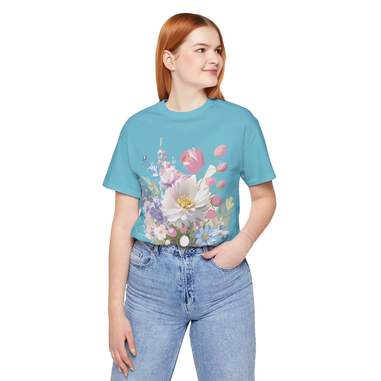 Natural Cotton Tee Shirt with Flowers