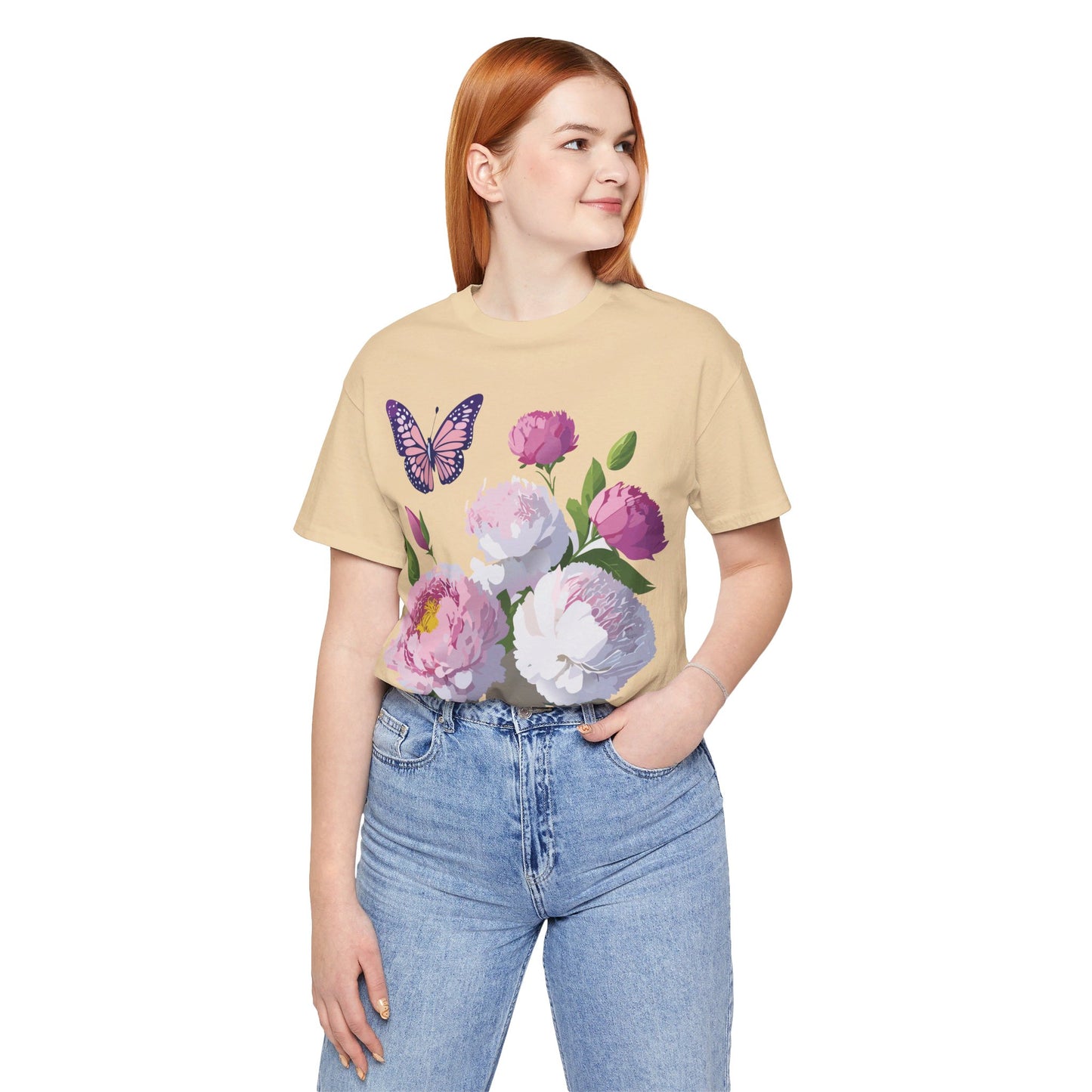 Natural Cotton Tee Shirt with Flowers