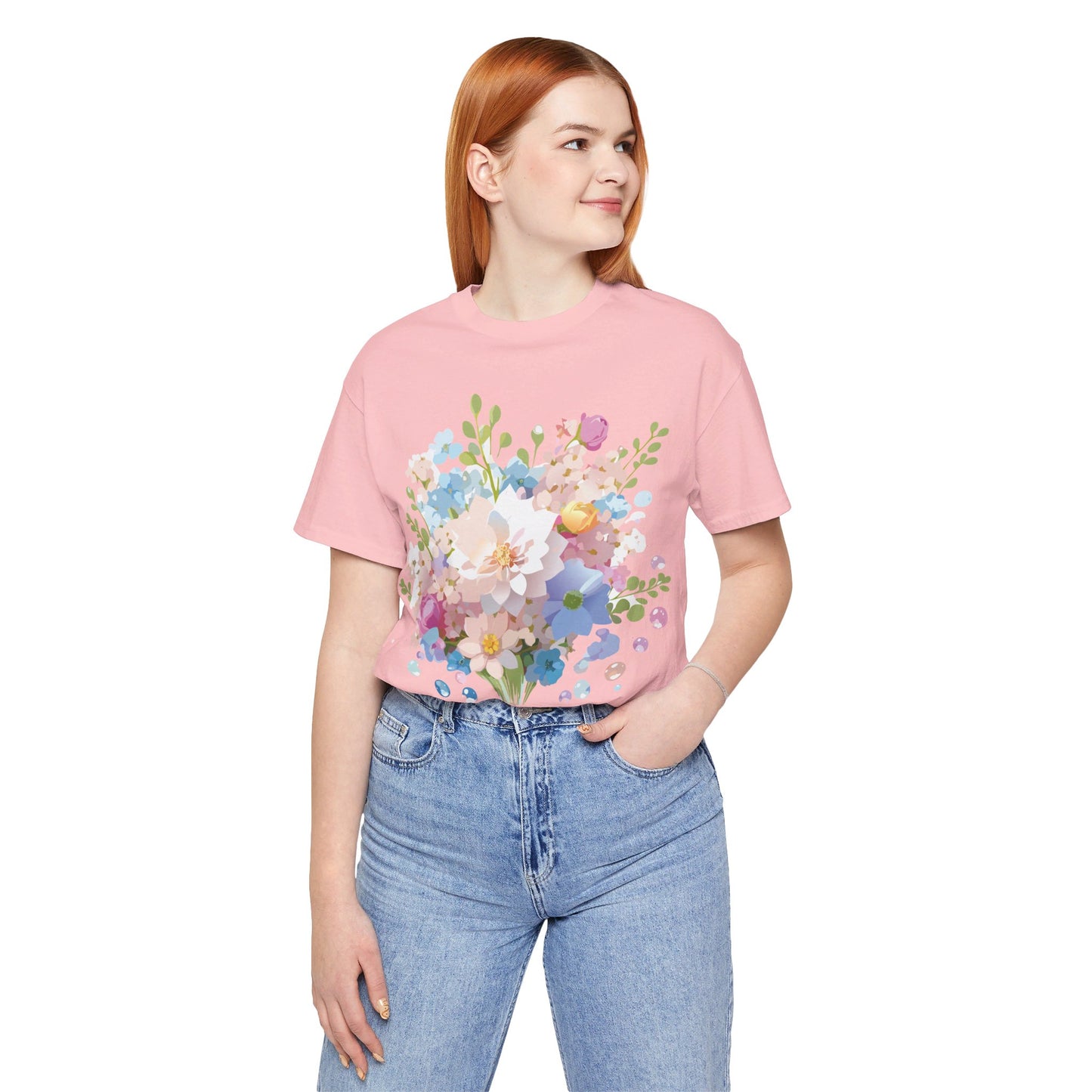 Natural Cotton Tee Shirt with Flowers