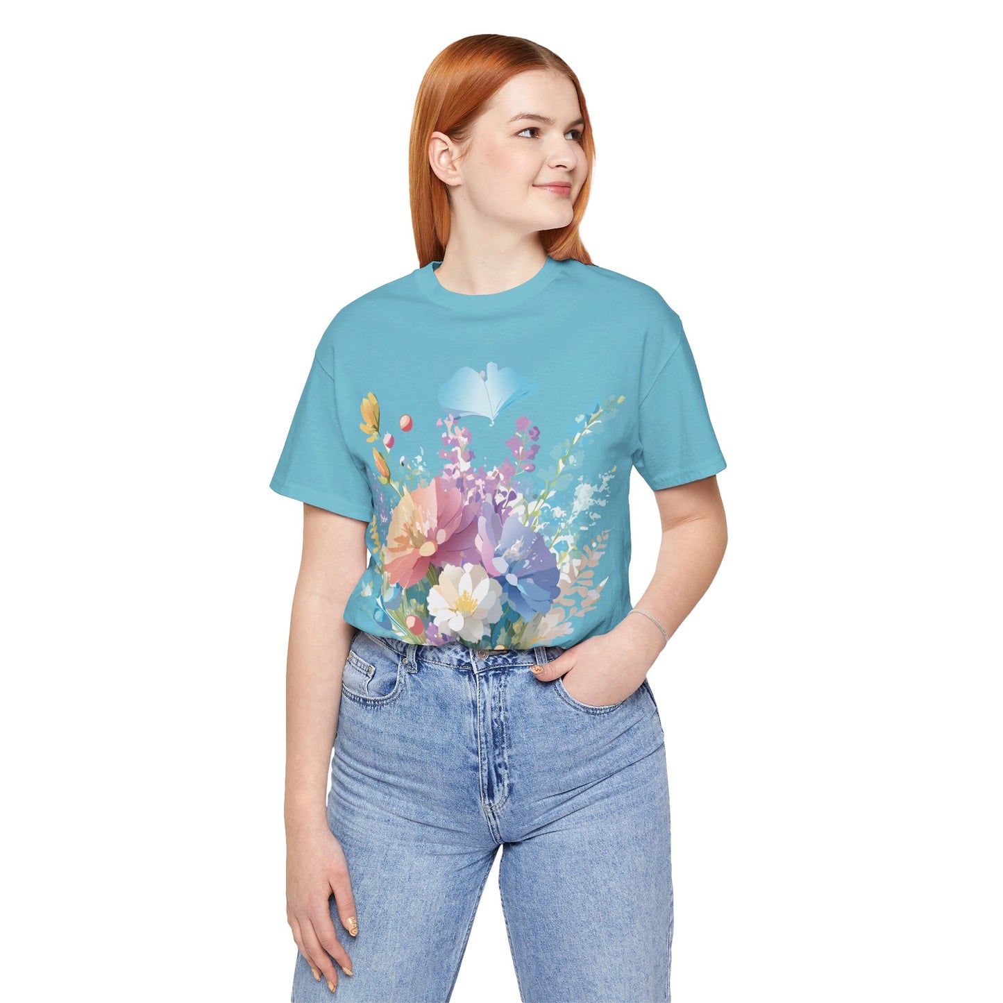 Natural Cotton Tee Shirt with Flowers