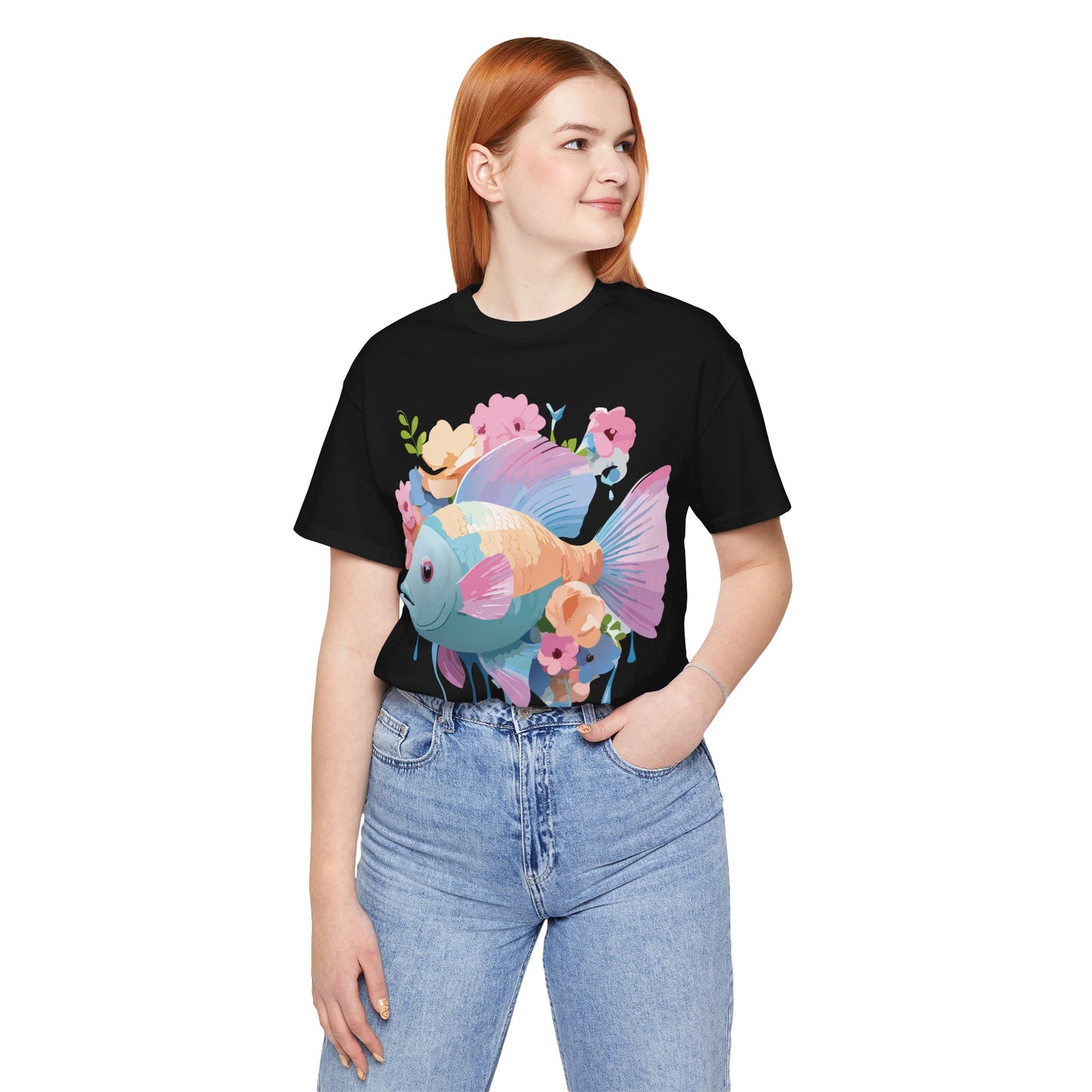 Natural Cotton Tee Shirt with Fish