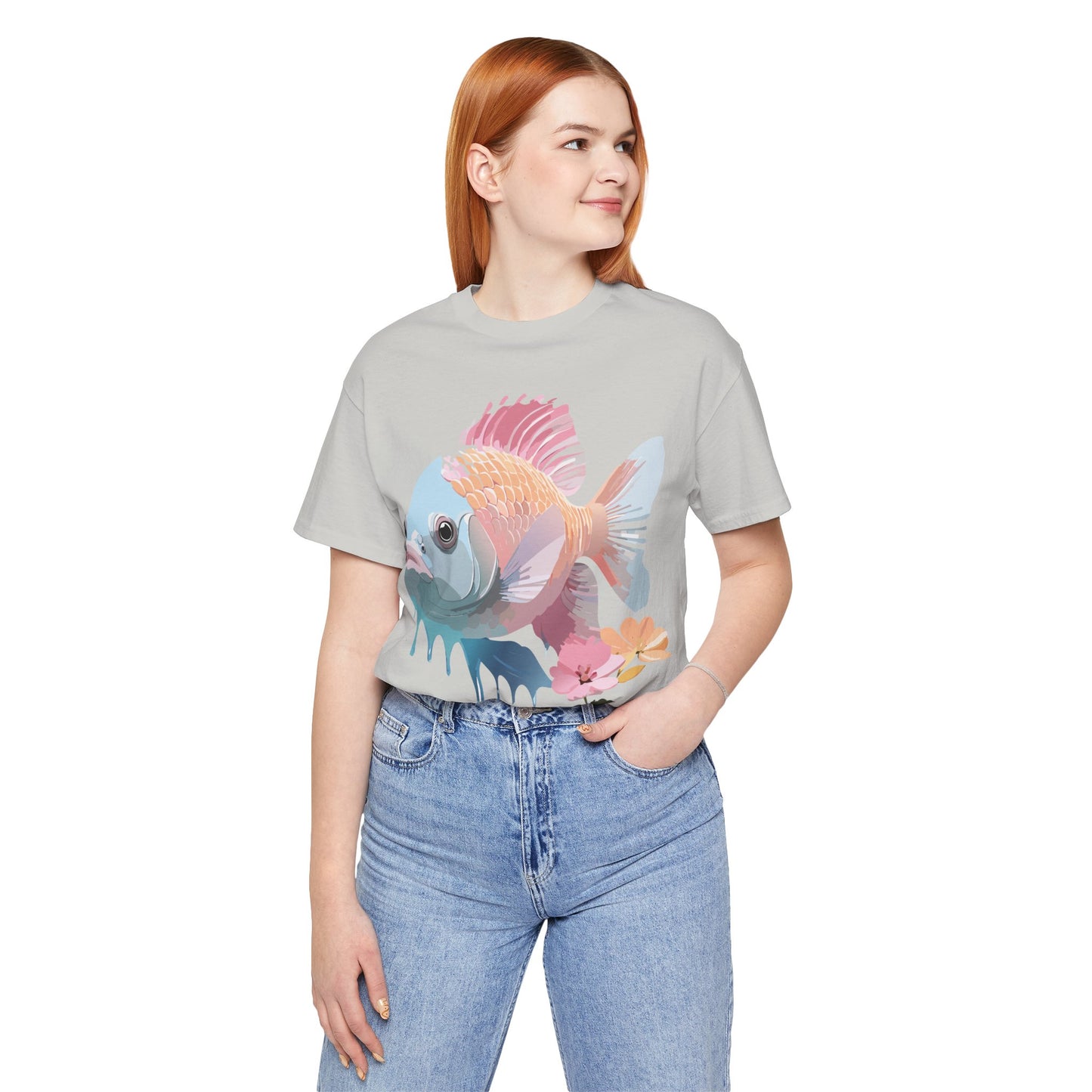 Natural Cotton Tee Shirt with Fish