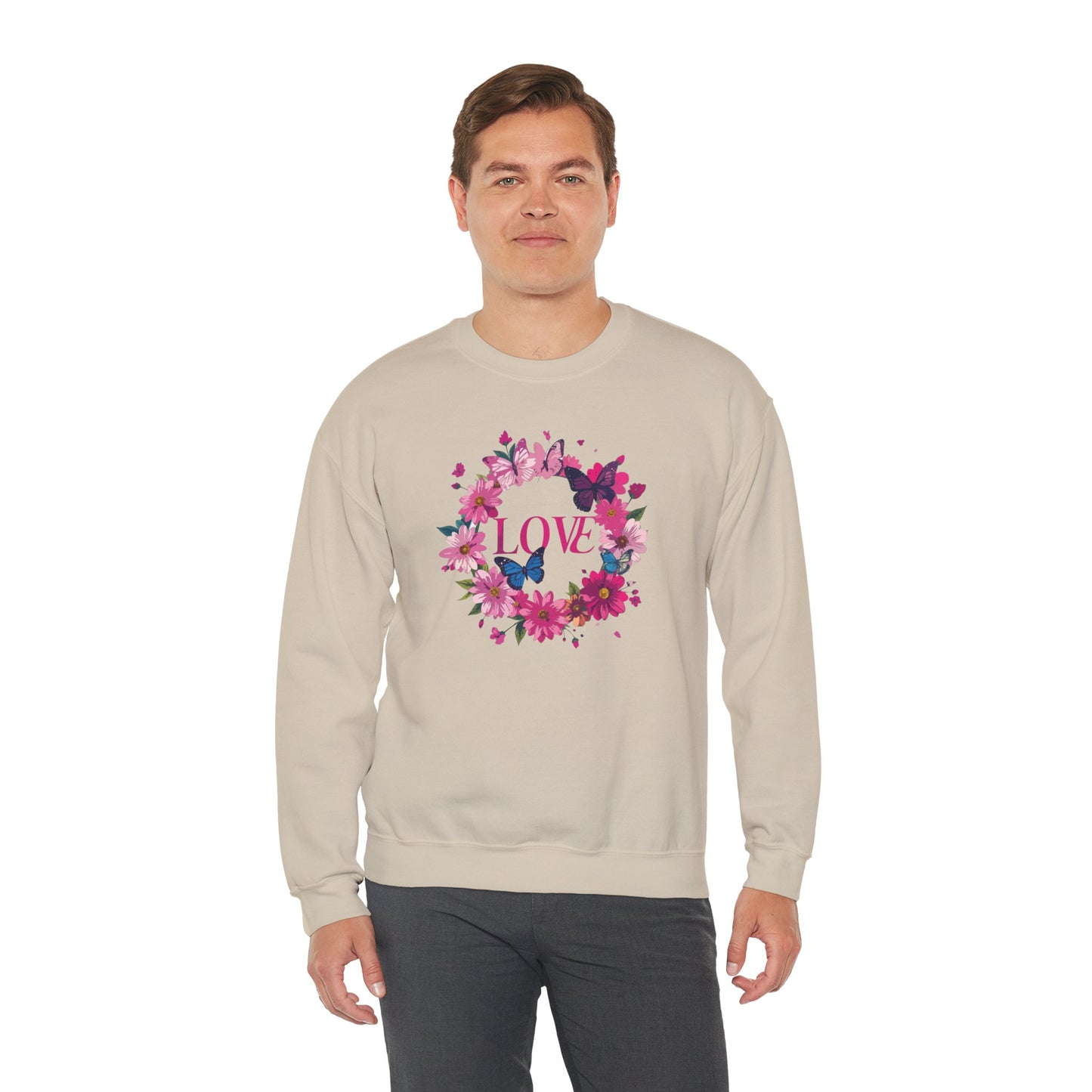 Unisex Floral Love Sweatshirt Butterfly Print 50 50 Cotton Poly Valentines Day