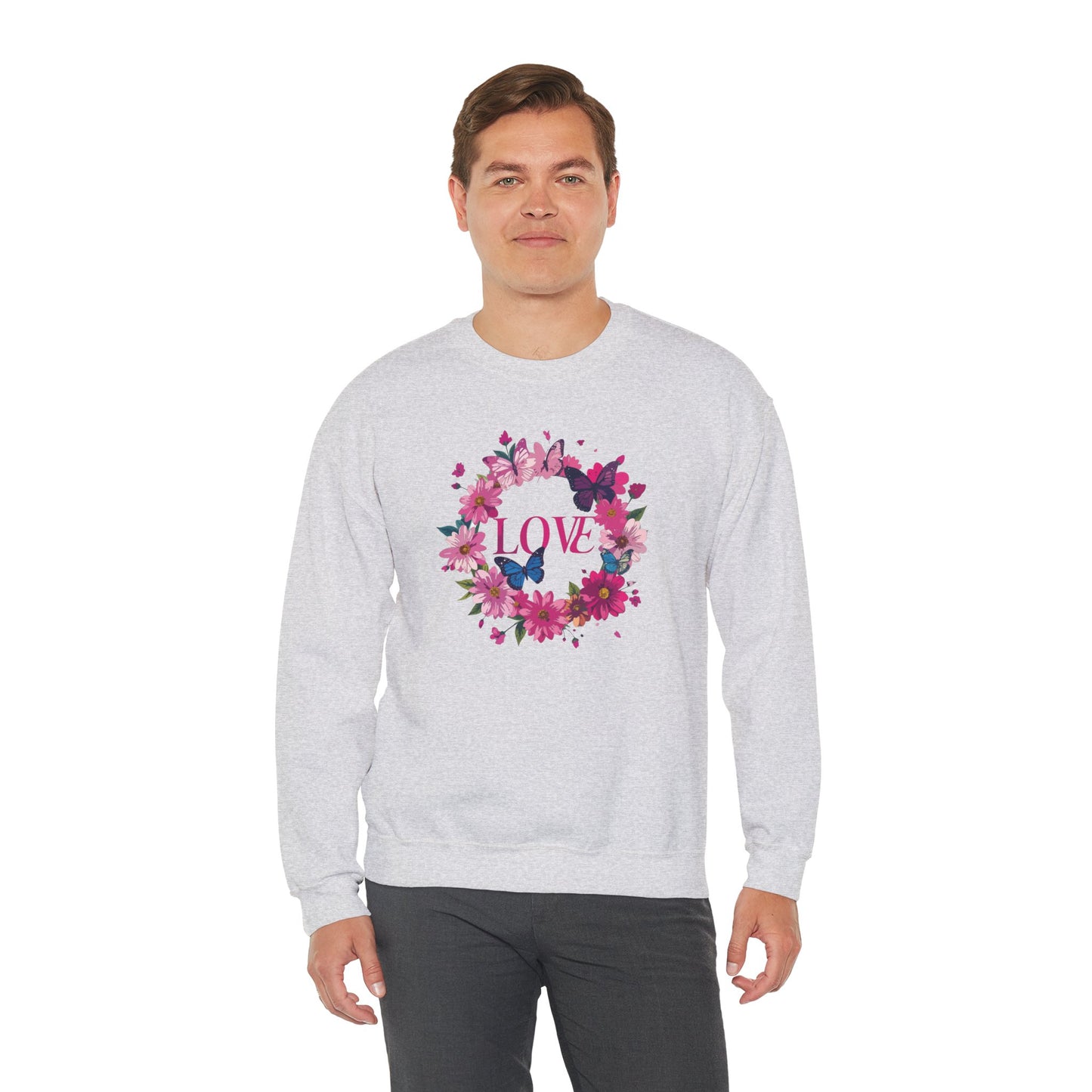 Unisex Floral Love Sweatshirt Butterfly Print 50 50 Cotton Poly Valentines Day