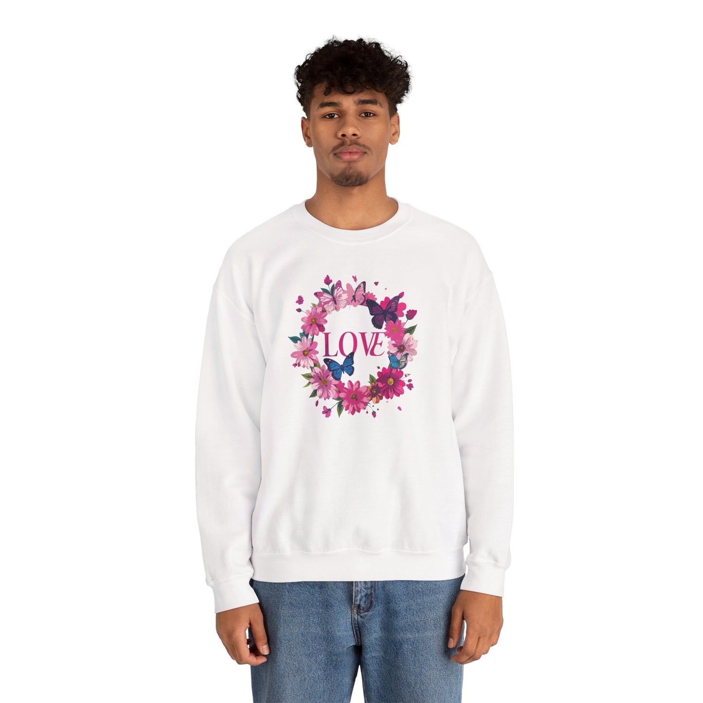 Unisex Floral Love Sweatshirt Butterfly Print 50 50 Cotton Poly Valentines Day