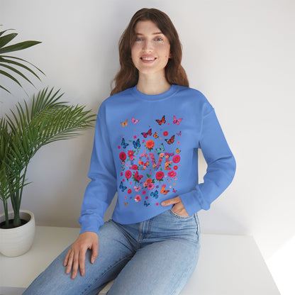 Unisex Floral Love Butterfly Sweatshirt Fifty Fifty Cotton Poly Valentine Day