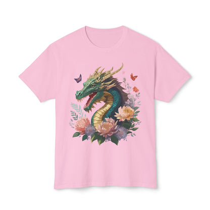Dragon Art Design Unisex Cotton Tee With Floral Print Artwork And Dragon Graphic