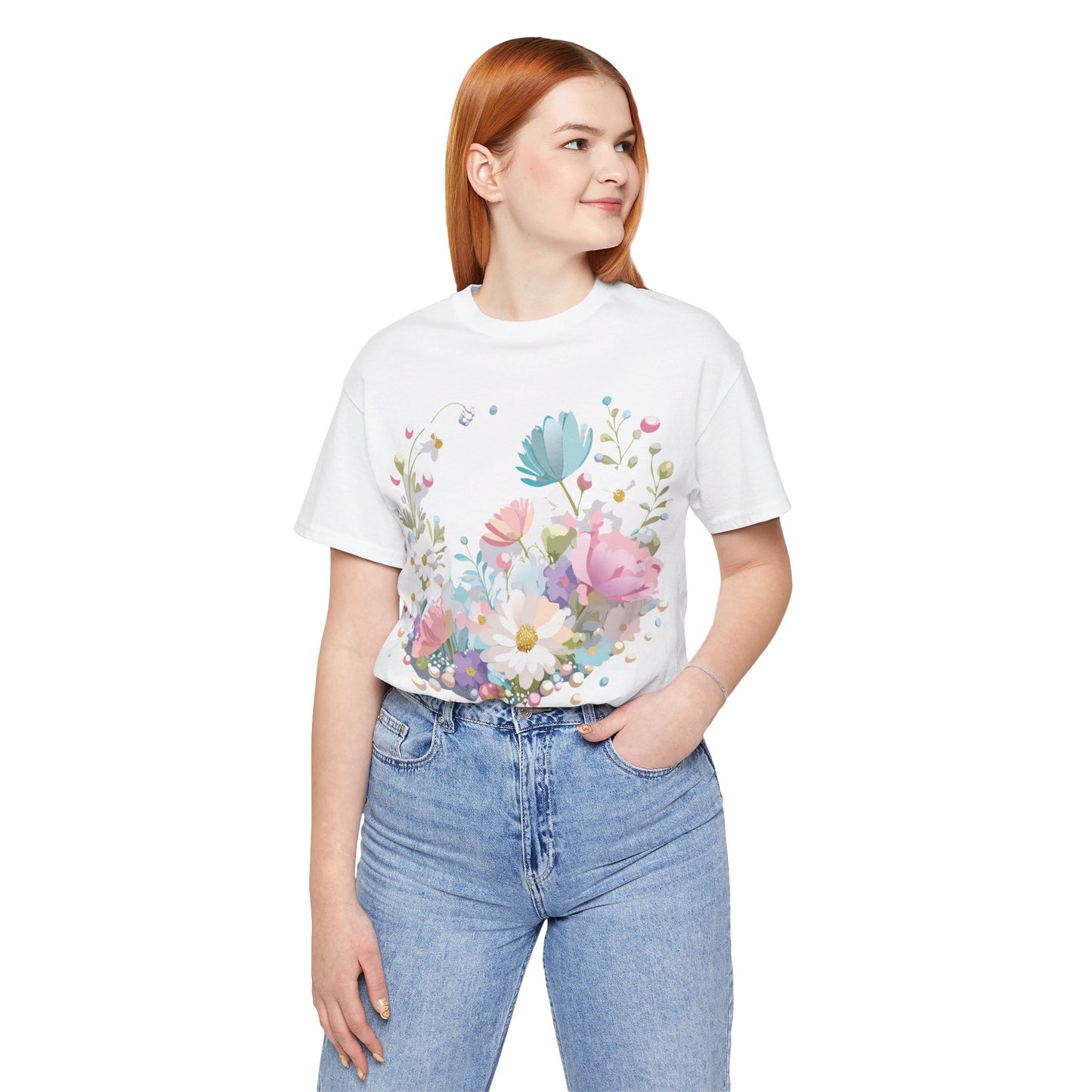 Natural Cotton Tee Shirt with Flowers