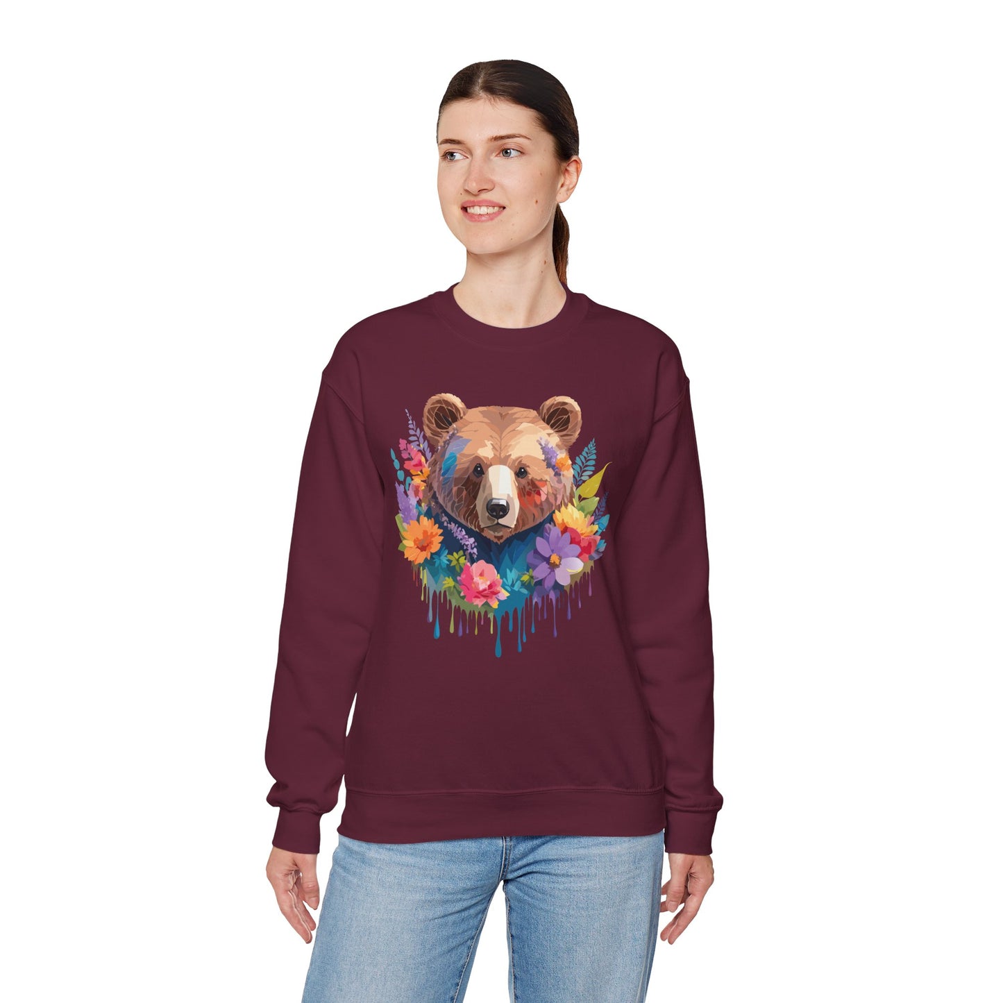 Unisex Floral Bear Sweatshirt, Animals Sweatshirt, Floral Sweatshirt, Art Design Sweatshirt
