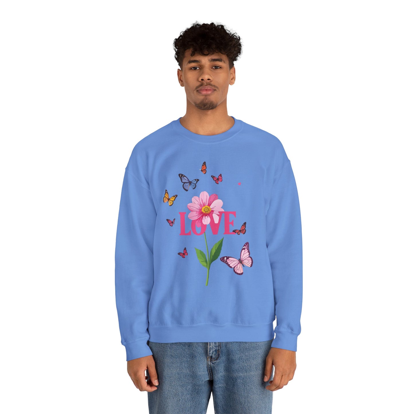 Unisex Floral Love Sweatshirt Valentines Day Cotton Poly Blend Butterfly