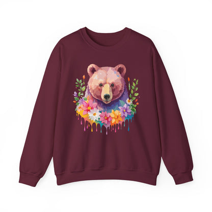 Unisex Floral Bear Sweatshirt Art Design Animals Sweatshirt Cozy Cotton Blend