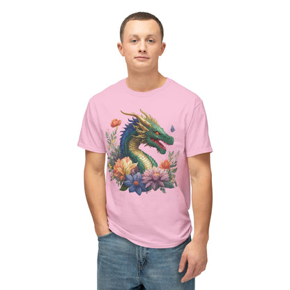 Dragon Art Tee Shirt Unisex Floral Print Cotton Tee USA Made