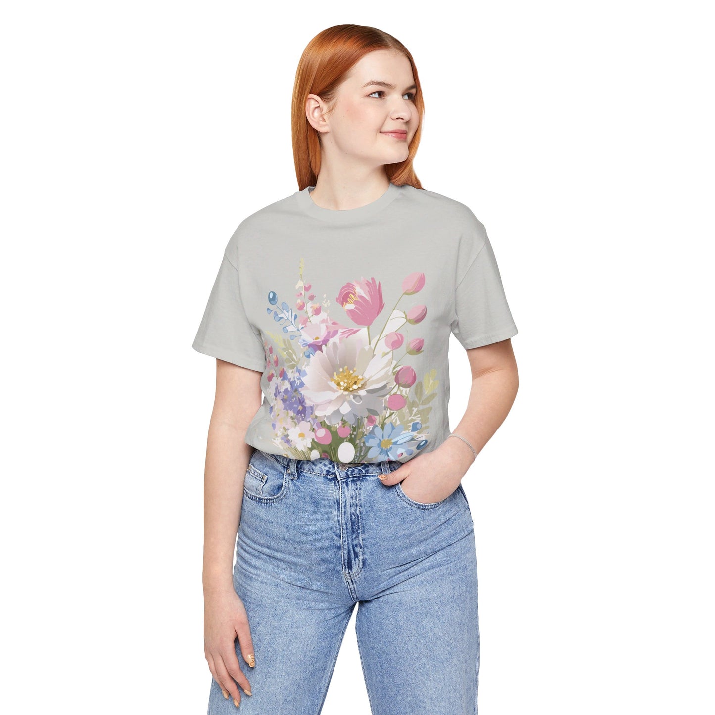 Natural Cotton Tee Shirt with Flowers