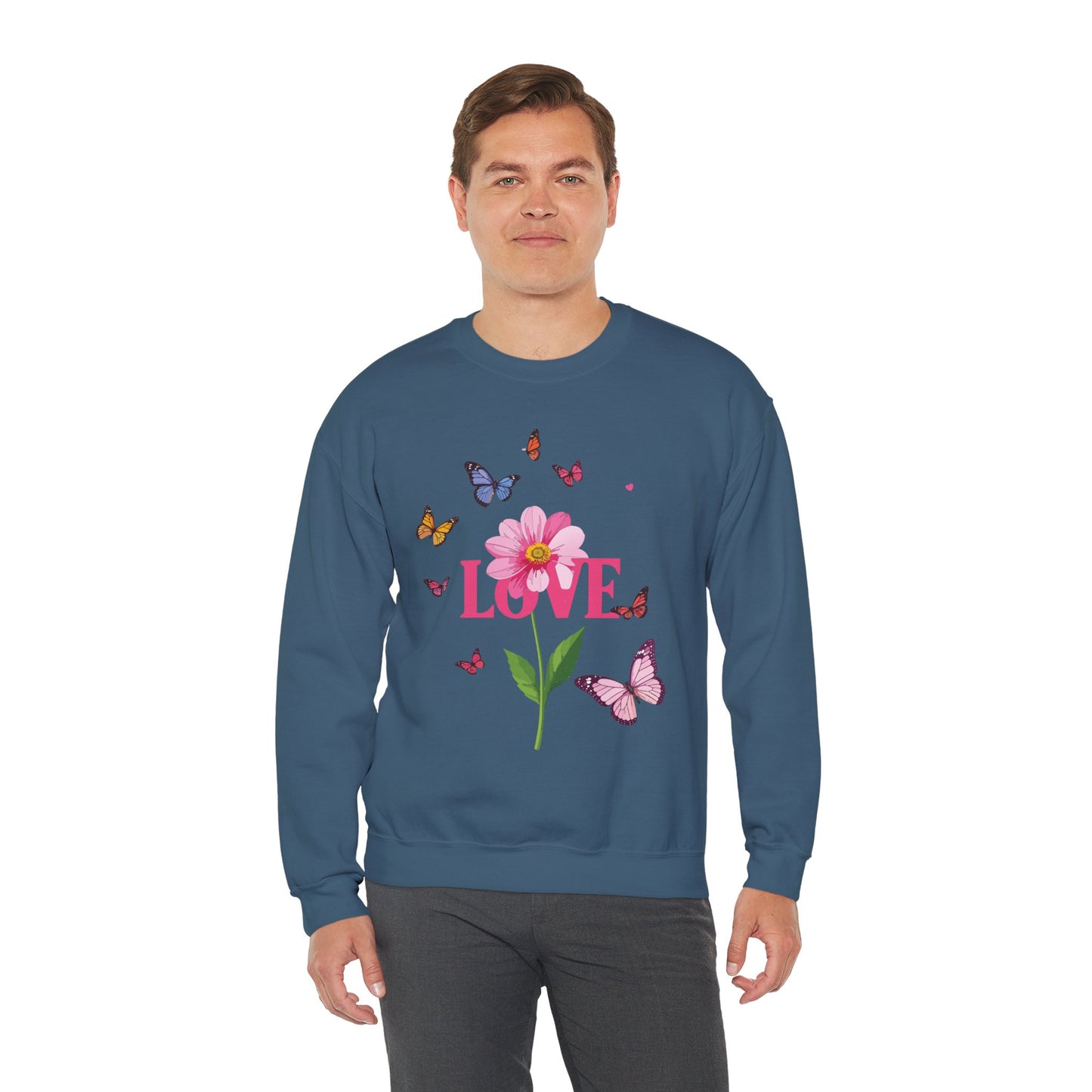Unisex Floral Love Sweatshirt Valentines Day Cotton Poly Blend Butterfly