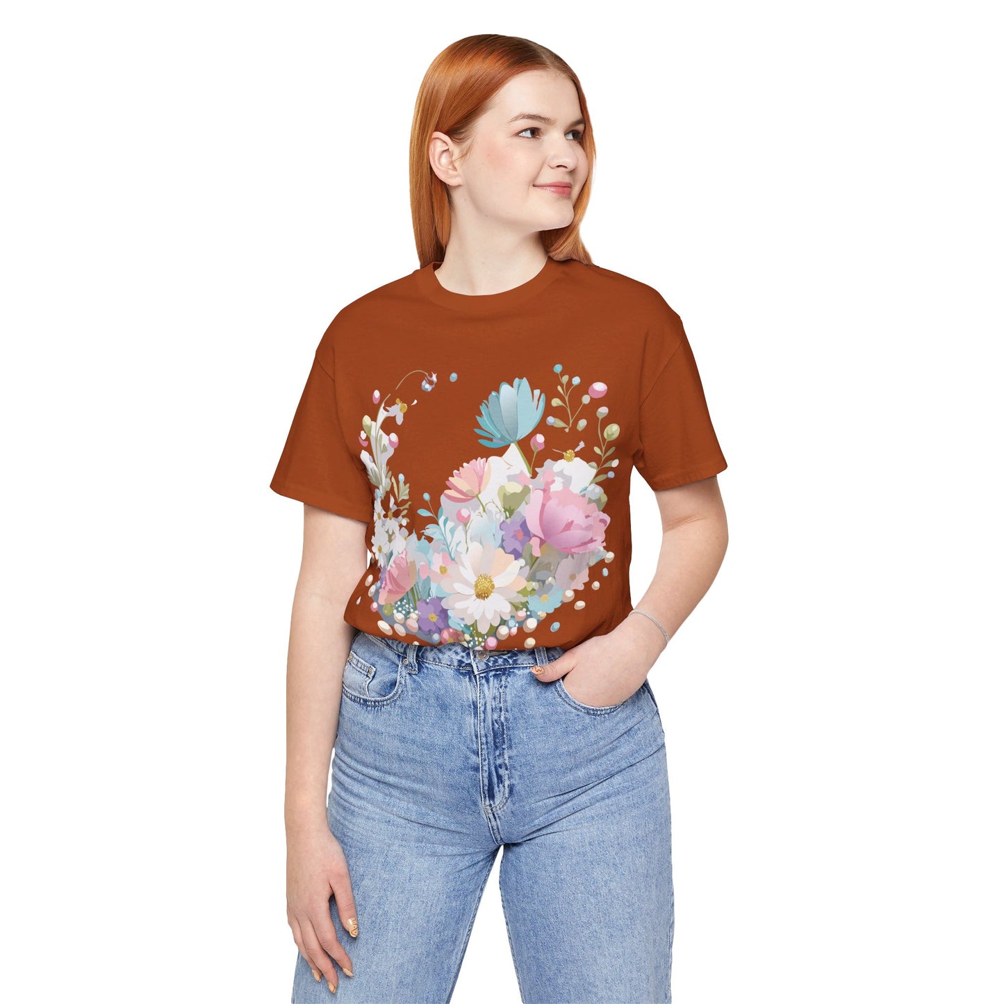 Natural Cotton Tee Shirt with Flowers