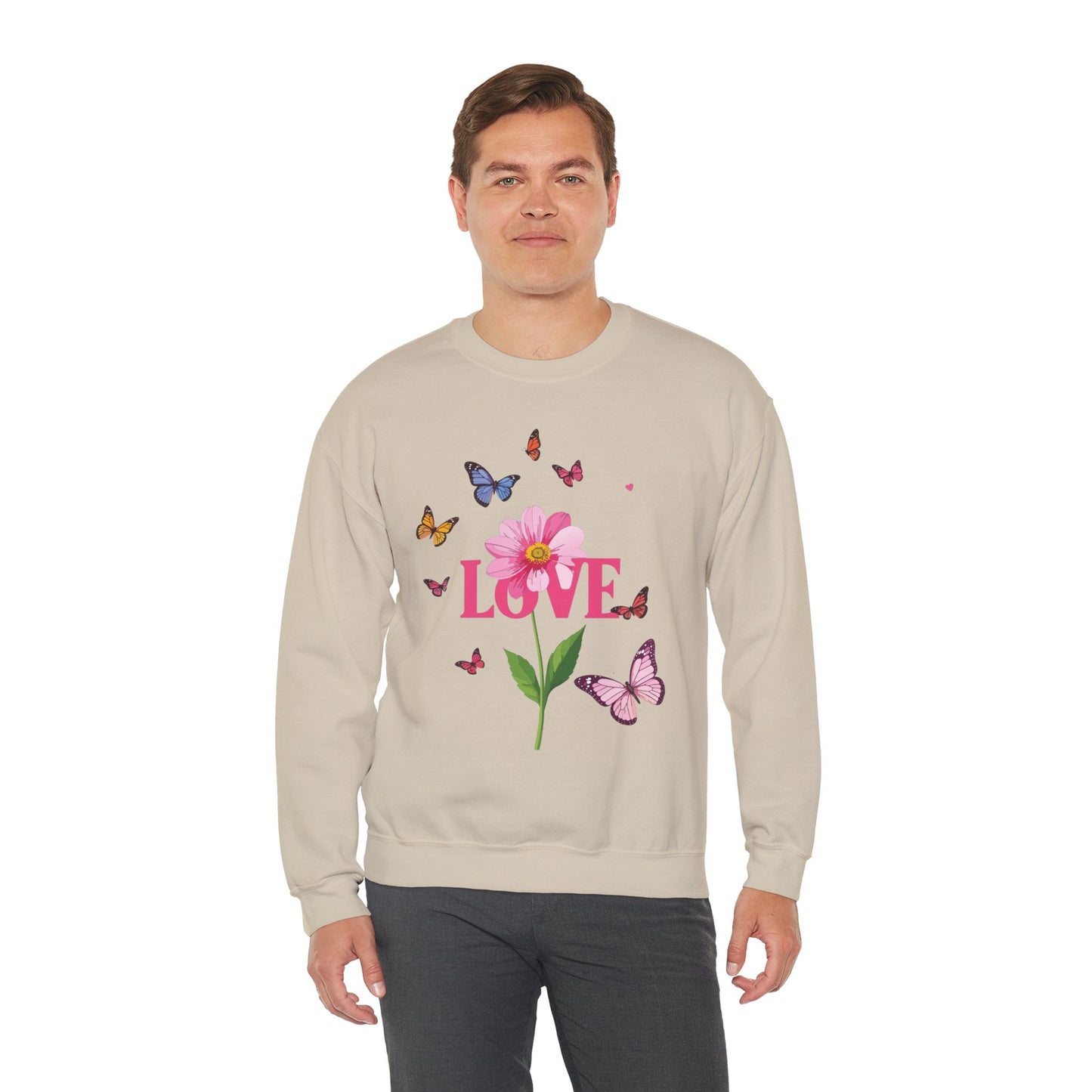 Unisex Floral Love Sweatshirt Valentines Day Cotton Poly Blend Butterfly