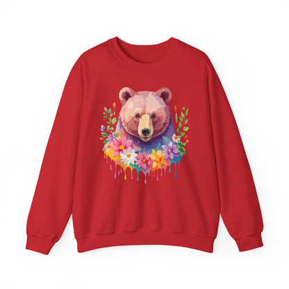 Unisex Floral Bear Sweatshirt Art Design Animals Sweatshirt Cozy Cotton Blend
