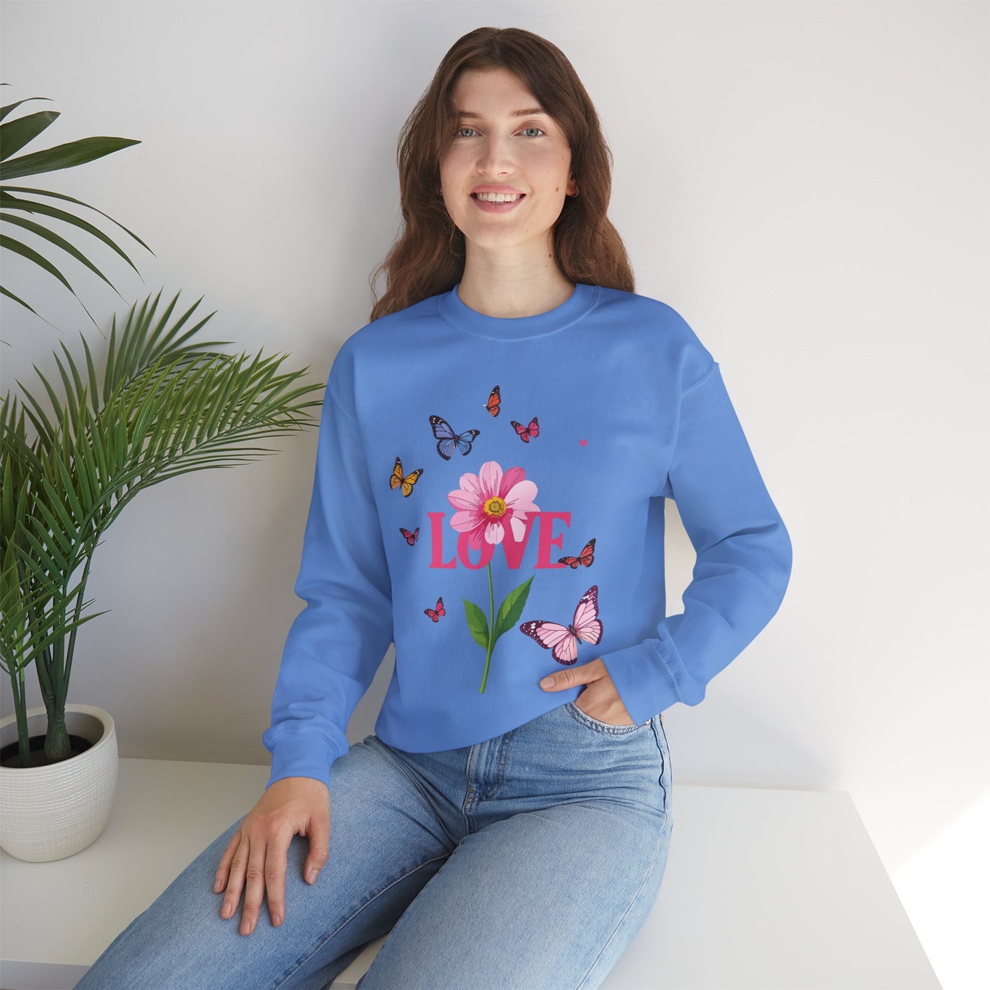 Unisex Floral Love Sweatshirt Valentines Day Cotton Poly Blend Butterfly