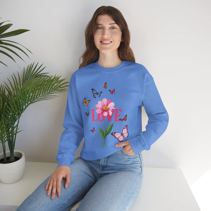 Unisex Floral Love Sweatshirt Valentines Day Cotton Poly Blend Butterfly