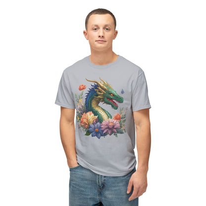 Dragon Art Tee Shirt Unisex Floral Print Cotton Tee USA Made
