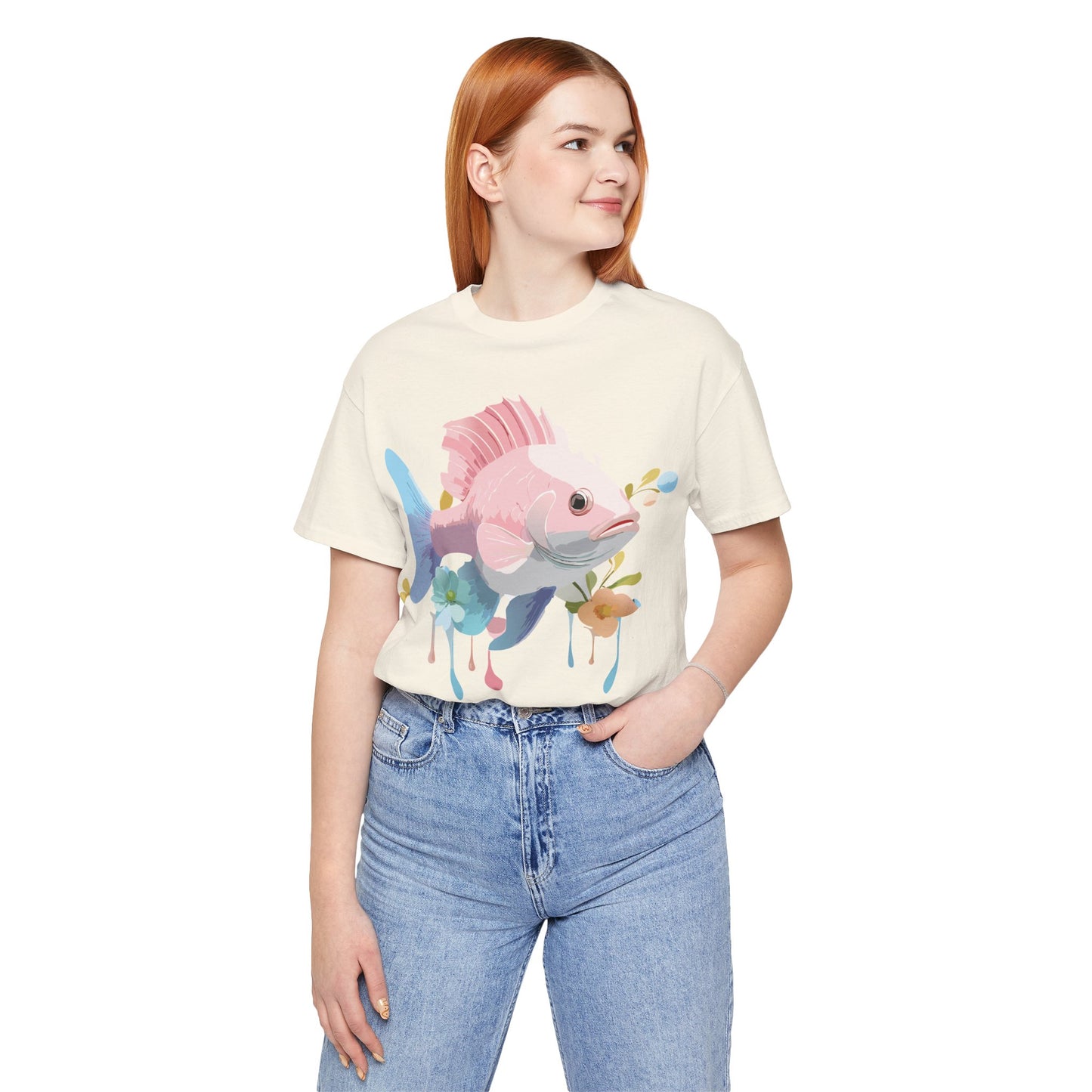 Natural Cotton Tee Shirt with Fish