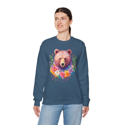 Unisex Floral Bear Sweatshirt Art Design Animals Sweatshirt Cozy Cotton Blend