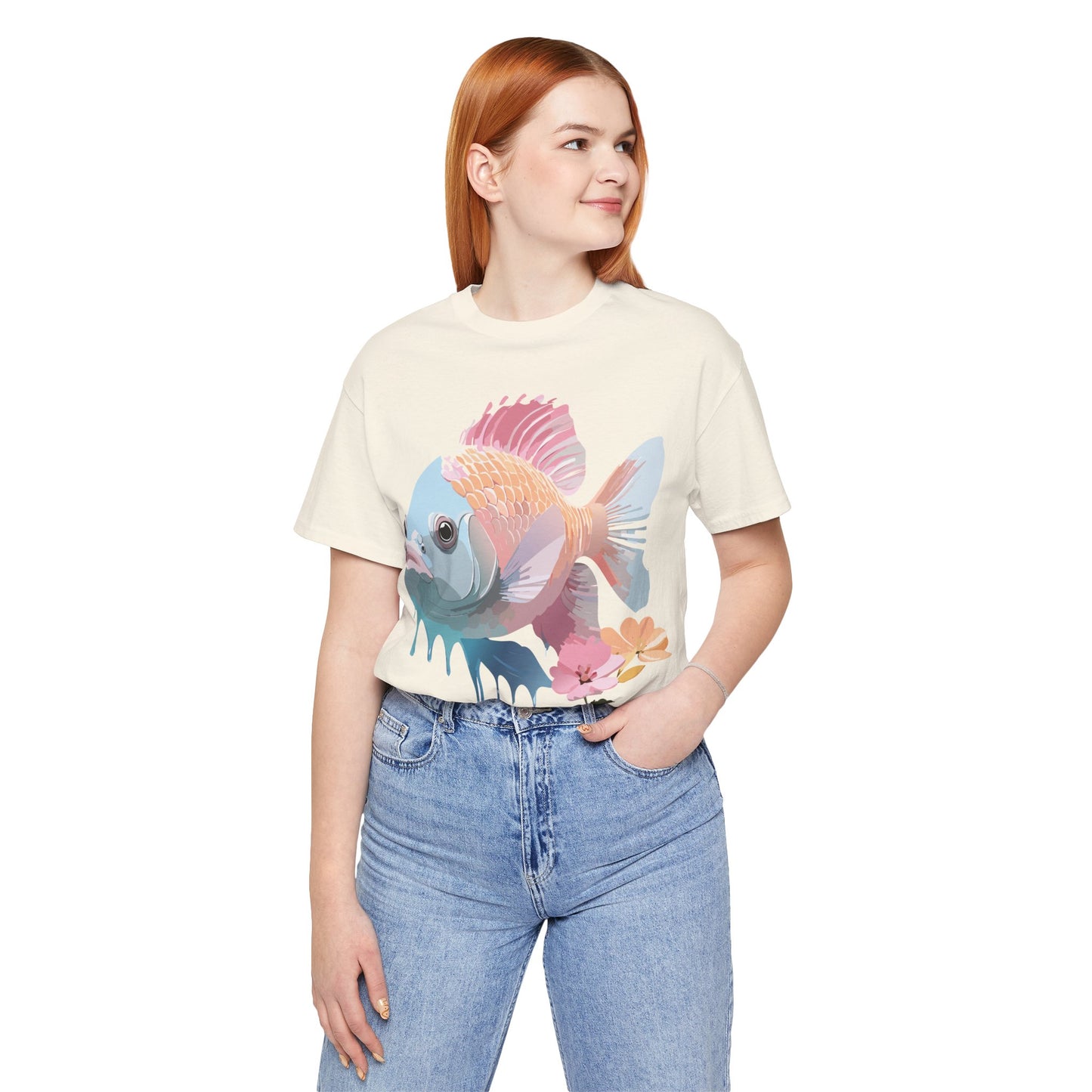 Natural Cotton Tee Shirt with Fish