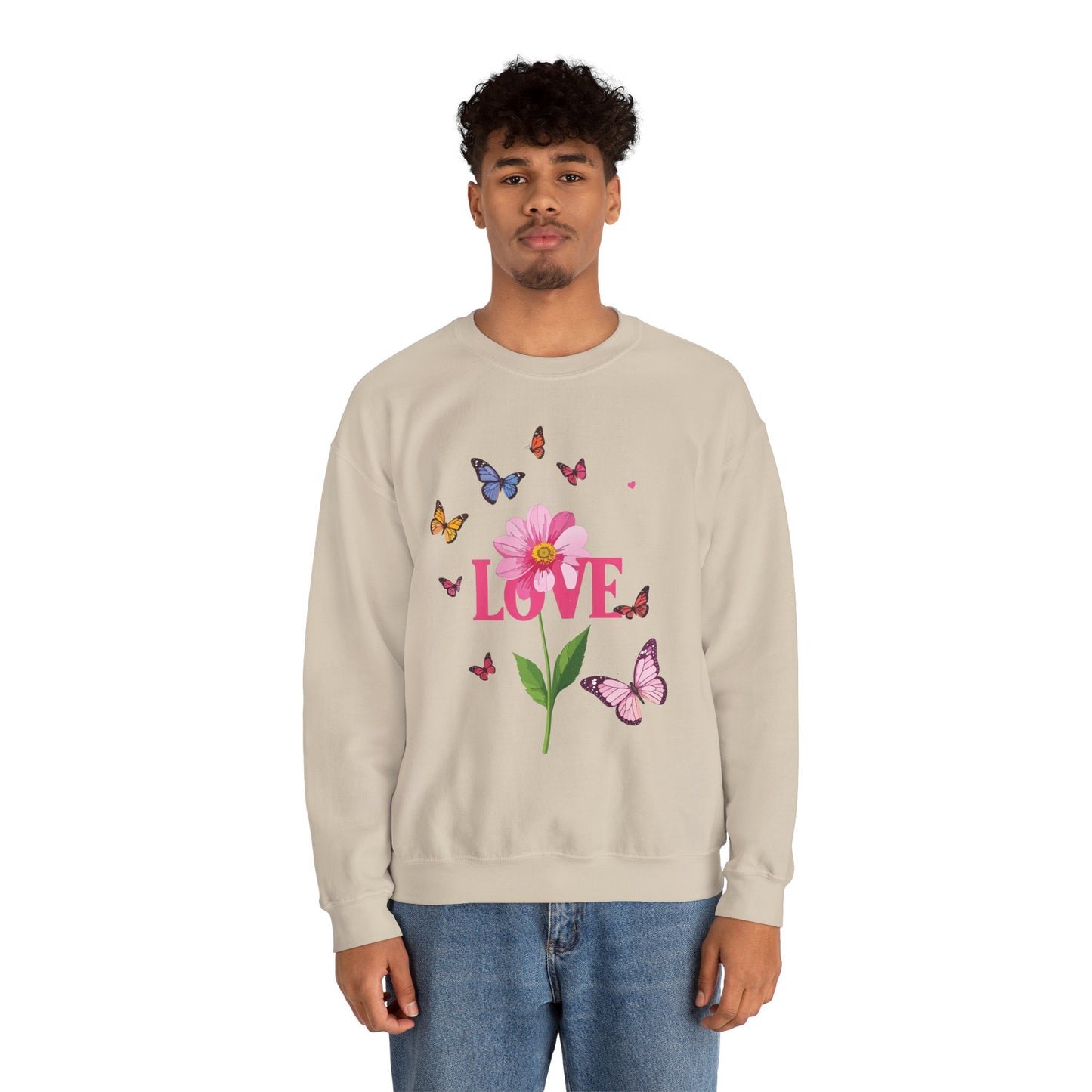 Unisex Floral Love Sweatshirt Valentines Day Cotton Poly Blend Butterfly