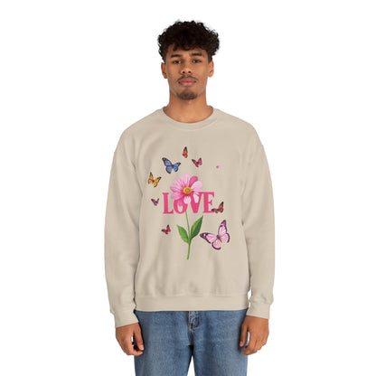 Unisex Floral Love Sweatshirt Valentines Day Cotton Poly Blend Butterfly