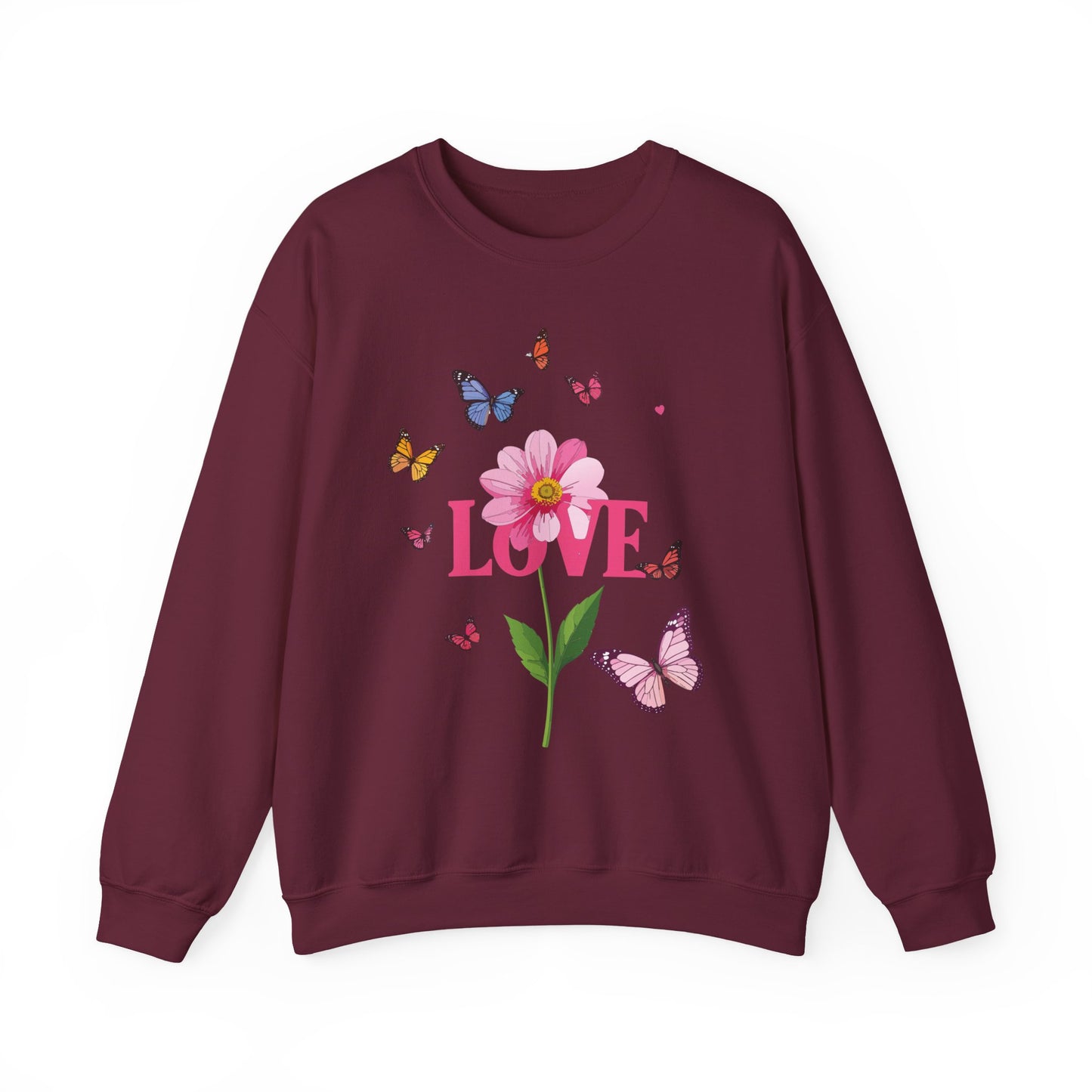 Unisex Floral Love Sweatshirt Valentines Day Cotton Poly Blend Butterfly