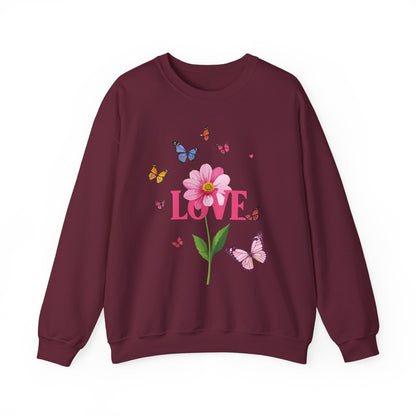 Unisex Floral Love Sweatshirt Valentines Day Cotton Poly Blend Butterfly