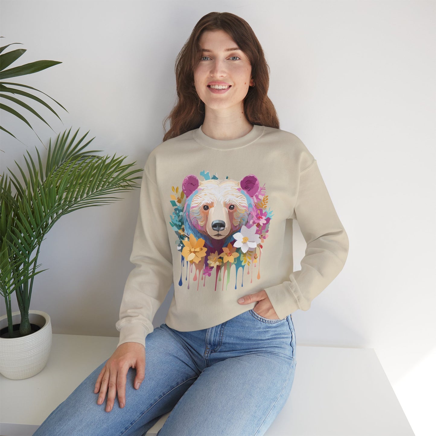 Unisex Floral Bear Sweatshirt, Animals Sweatshirt, Floral Sweatshirt, Art Design Sweatshirt