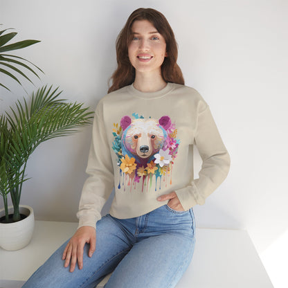 Unisex Floral Bear Sweatshirt With Art Design Gildan 18000 Crewneck