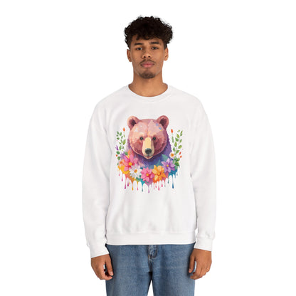 Unisex Floral Bear Sweatshirt Art Design Animals Sweatshirt Cozy Cotton Blend