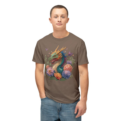 Dragon Art Tee Unisex Vintage Floral Tee Full Color Print HD Cotton