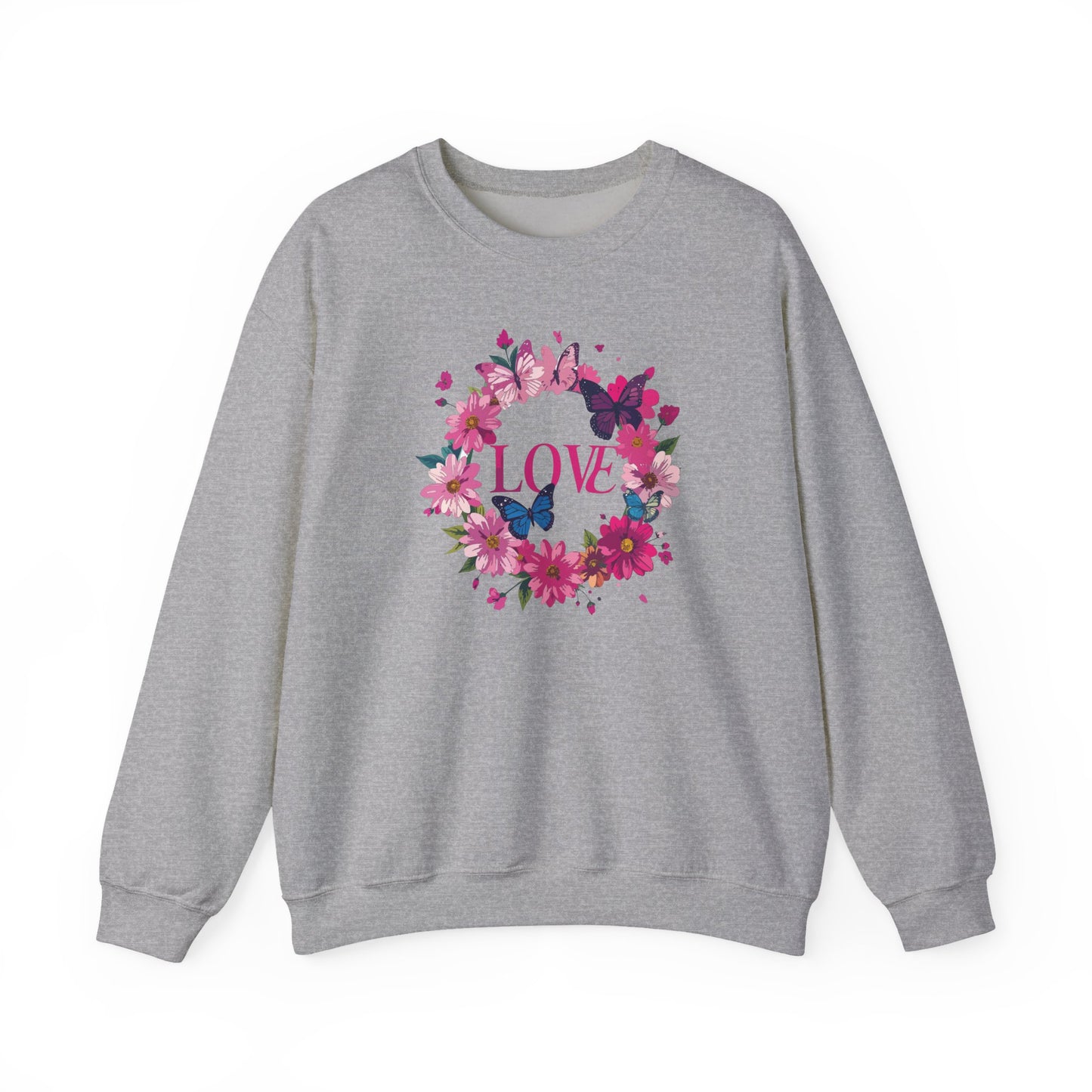 Unisex Floral Love Sweatshirt Butterfly Print 50 50 Cotton Poly Valentines Day