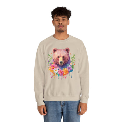 Unisex Floral Bear Sweatshirt Art Design Animals Sweatshirt Cozy Cotton Blend