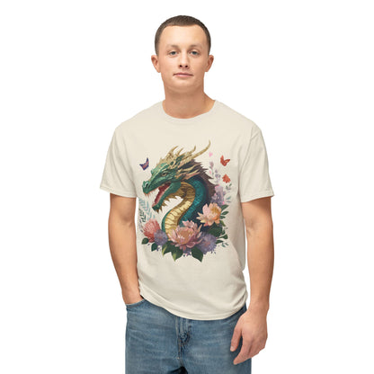 Dragon Art Design Unisex Cotton Tee With Floral Print Artwork And Dragon Graphic