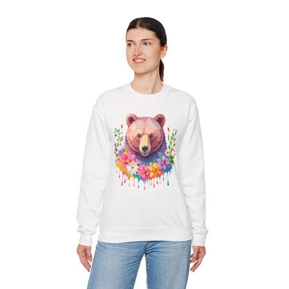 Unisex Floral Bear Sweatshirt Art Design Animals Sweatshirt Cozy Cotton Blend