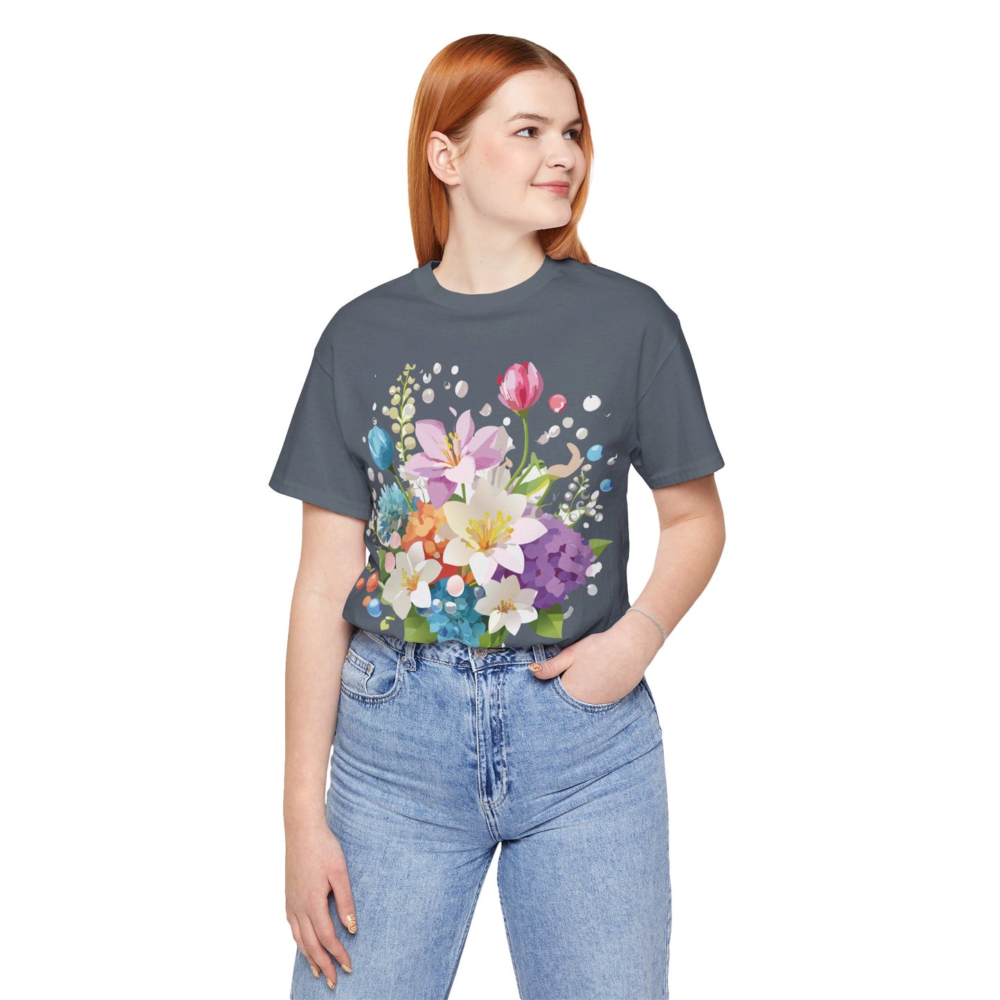 Natural Cotton Tee Shirt with Flowers